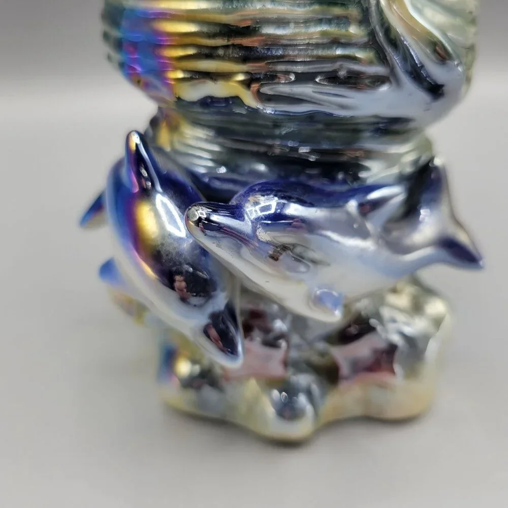 Vintage Iridescent Ceramic Vase Shell Shape Ocean Inspired Design 7.5